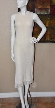 Callahan Ivory Knit Maxi Fringe Column Spring Summer Dress Size XS